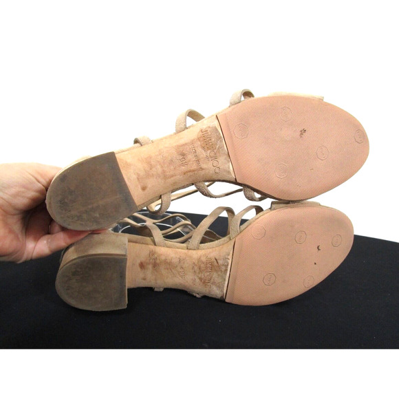 Jimmy Choo Ren 35 Beige Suede Caged Low Heel Sandals Women Sz 40.5 EU/10 US - Picture 10 of 12